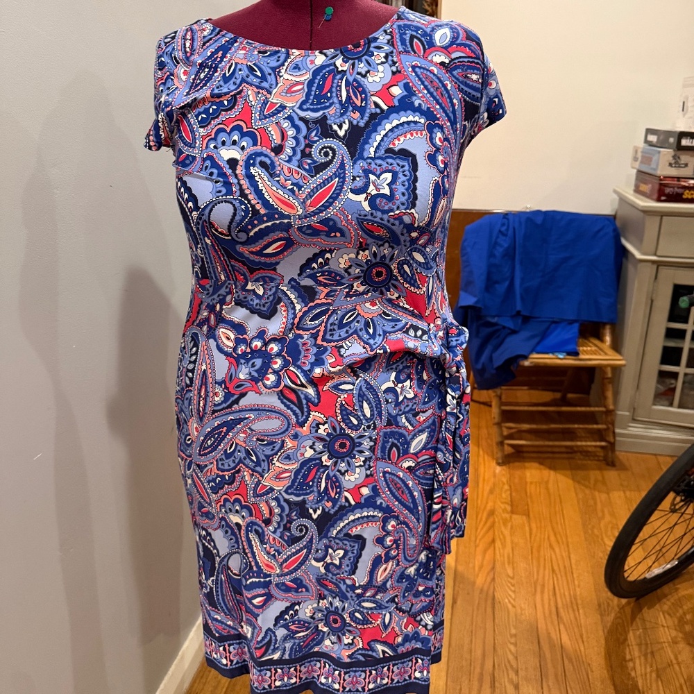 Blue, red and white faux wrap dress